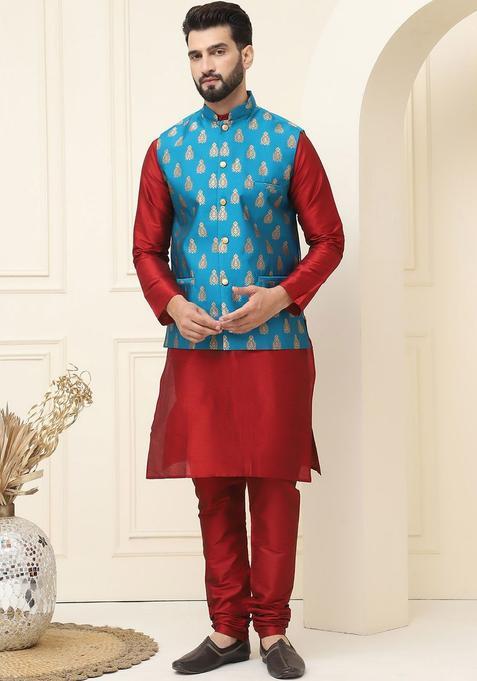 Maroon Solid Silk Kurta Set For Men