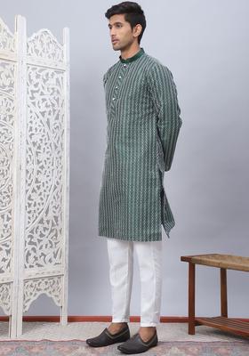Olive Embroidered Silk Kurta Set For Men