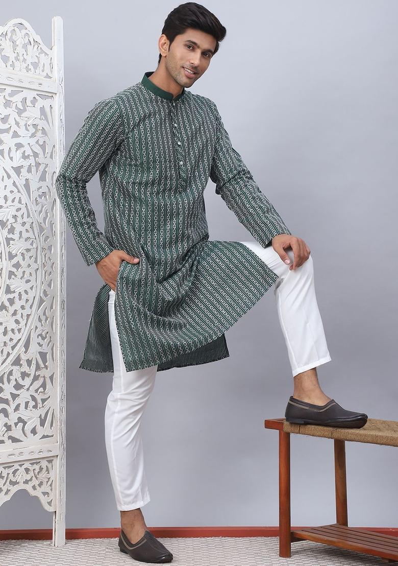 Olive Embroidered Silk Kurta Set For Men - Indya