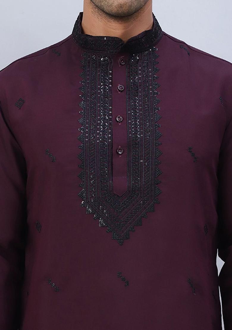 Maroon Embroidered Silk Kurta Set For Men - Indya