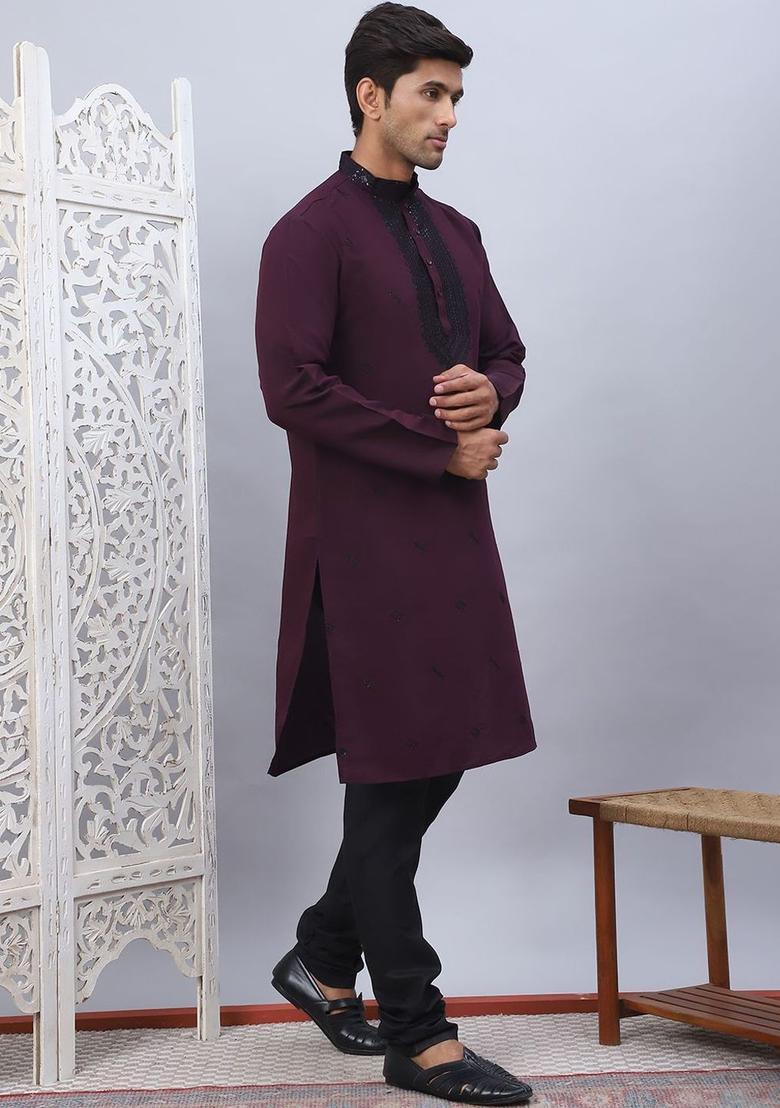 Maroon Embroidered Silk Kurta Set For Men - Indya