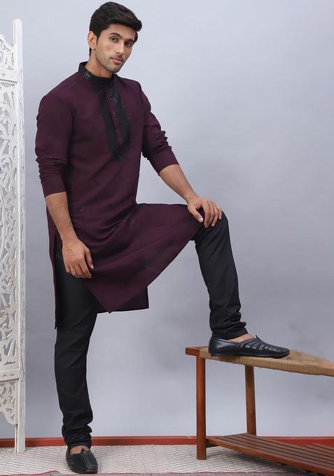 Maroon Embroidered Silk Kurta Set For Men