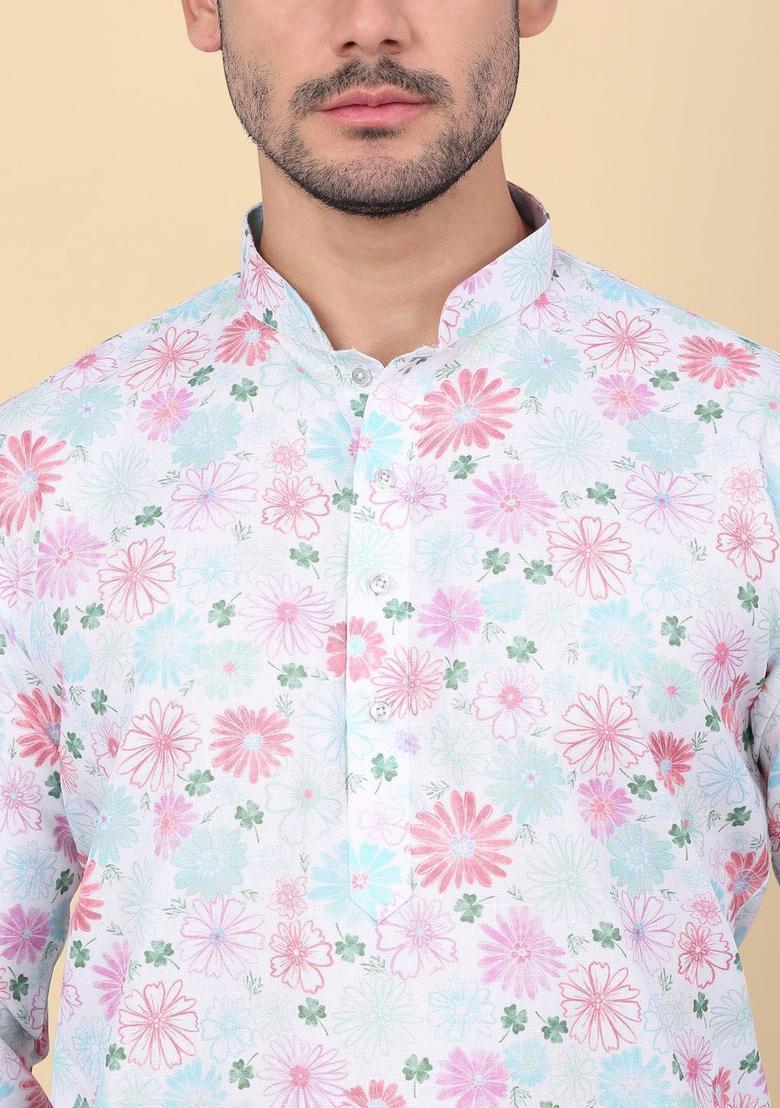 Beige Printed Linen Kurta Set For Men - Indya