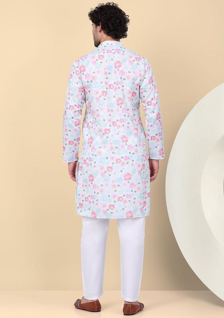 Beige Printed Linen Kurta Set For Men - Indya