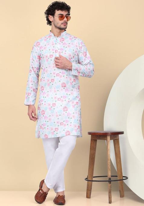 Beige Printed Linen Kurta Set For Men