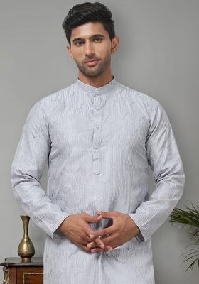 Grey Embroidered Silk Kurta Set For Men