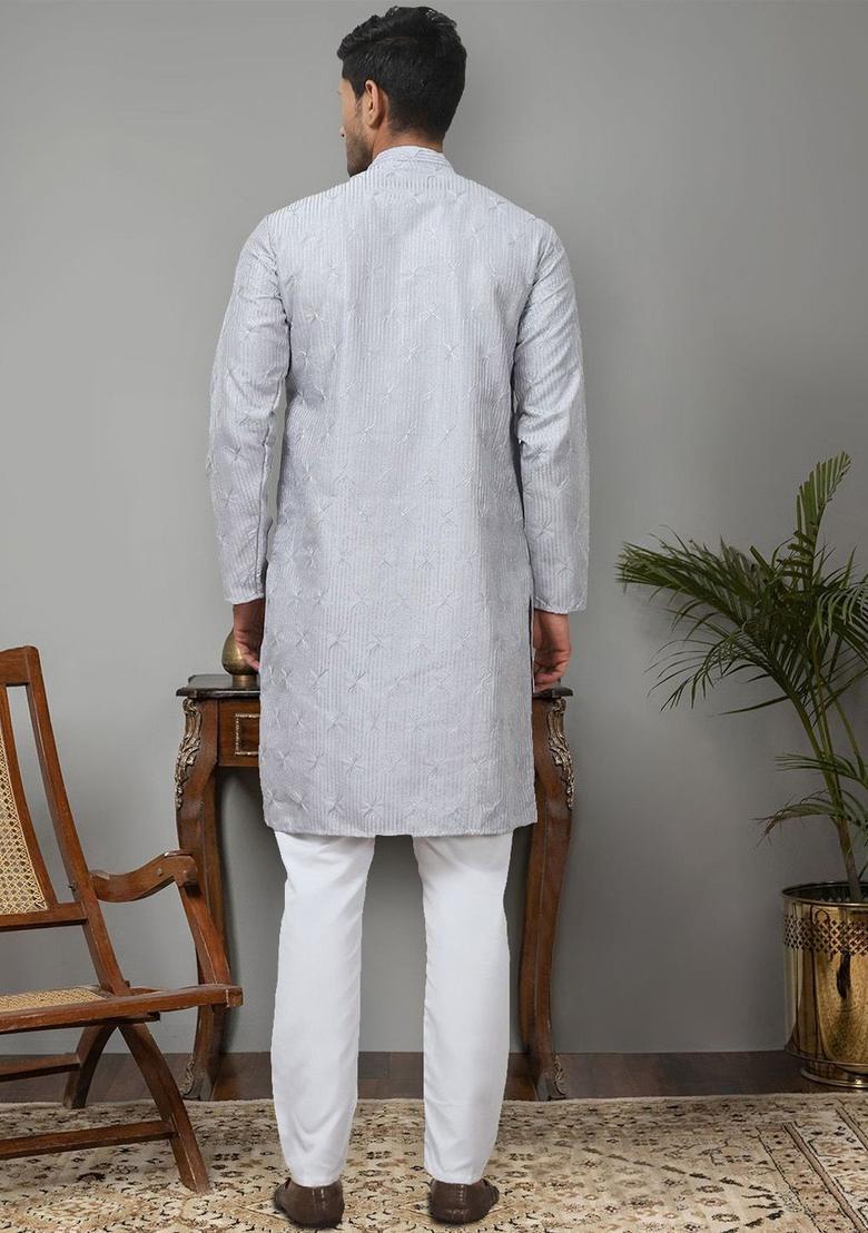 Grey Embroidered Silk Kurta Set For Men - Indya