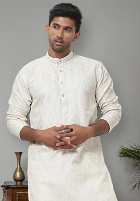 Beige Embroidered Silk Kurta Set For Men
