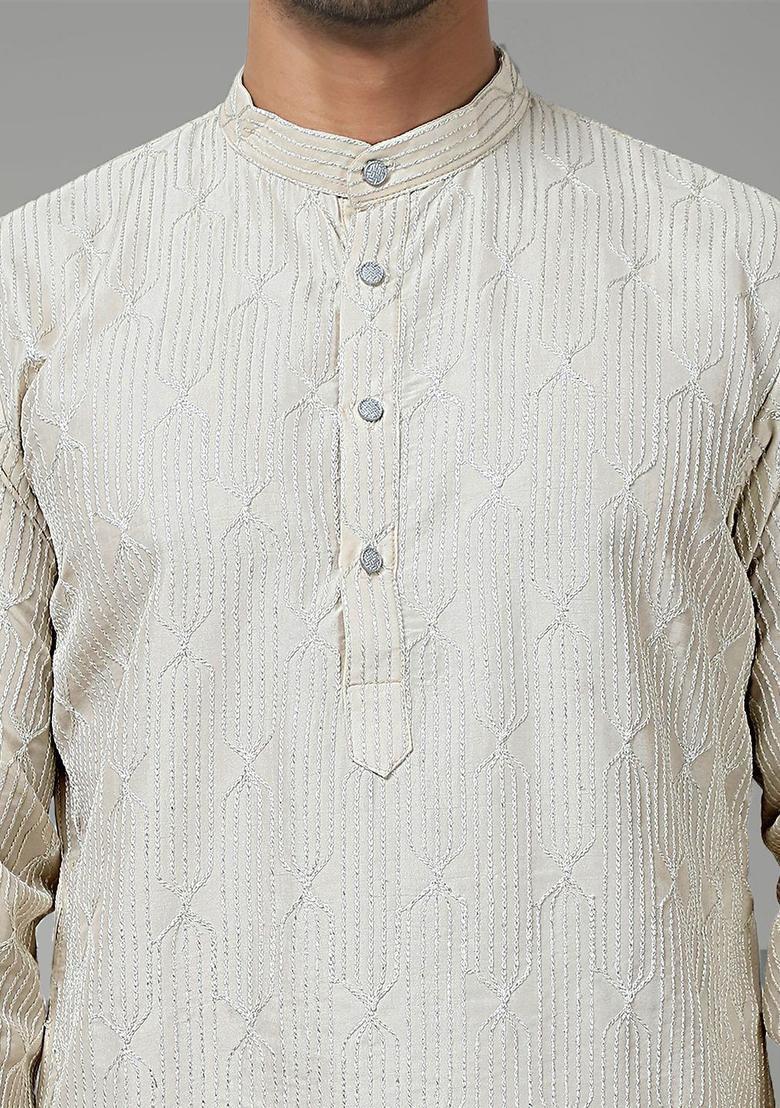 Beige Embroidered Silk Kurta Set For Men - Indya
