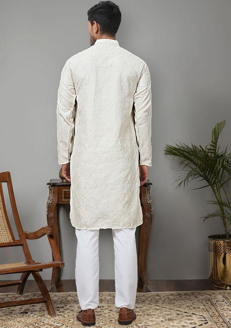 Beige Embroidered Silk Kurta Set For Men - Indya
