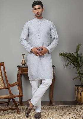 Grey Embroidered Silk Kurta Set For Men