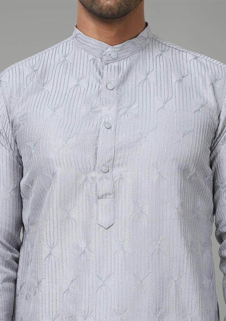 Grey Embroidered Silk Kurta Set For Men - Indya
