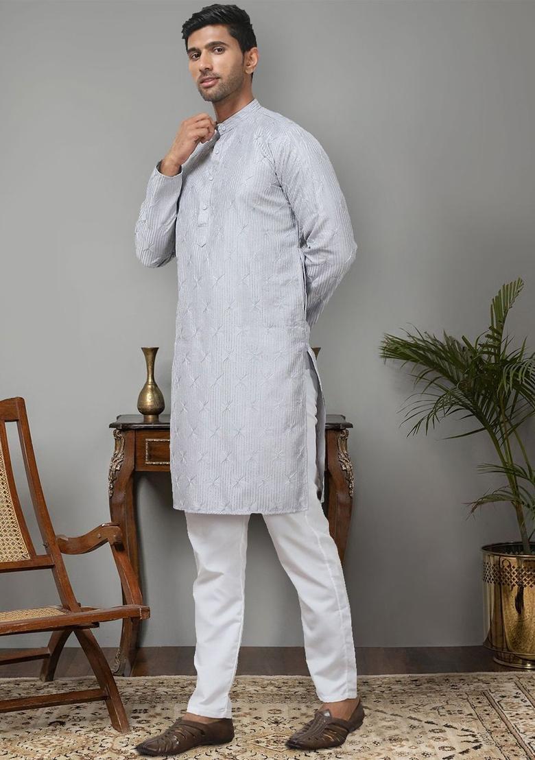Grey Embroidered Silk Kurta Set For Men - Indya