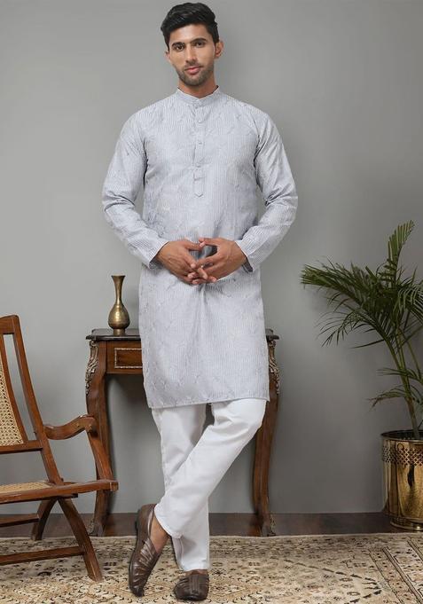 Grey Embroidered Silk Kurta Set For Men