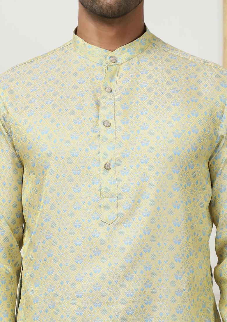 Green Woven Design Silk Kurta Set For Men - Indya