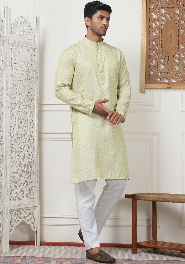 Green Woven Design Silk Kurta Set For Men - Indya