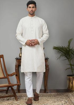 Beige Embroidered Silk Kurta Set For Men