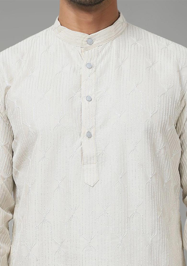 Beige Embroidered Silk Kurta Set For Men - Indya