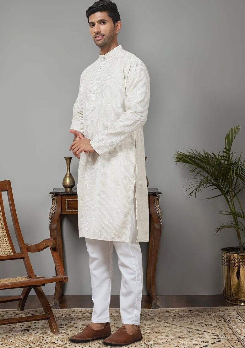 Beige Embroidered Silk Kurta Set For Men - Indya