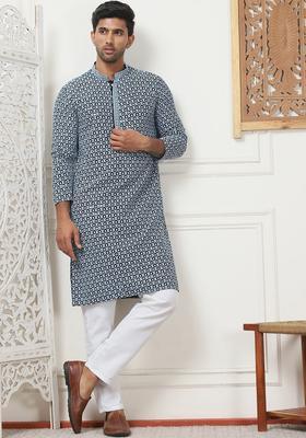 Grey Embroidered Viscose Kurta Set For Men