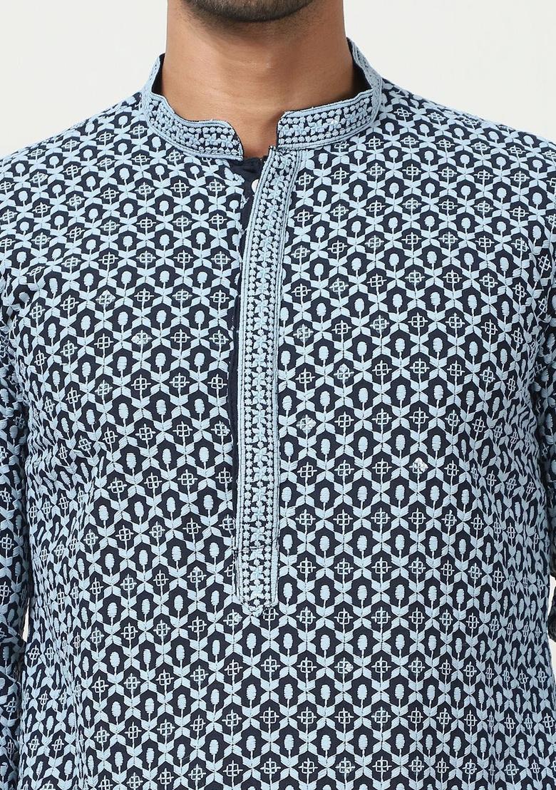 Grey Embroidered Viscose Kurta Set For Men - Indya