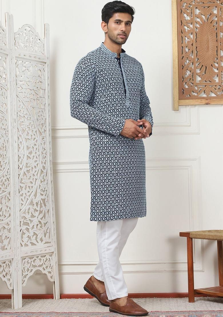 Grey Embroidered Viscose Kurta Set For Men - Indya