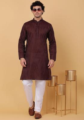 Maroon Striped Cotton Kurta Set For Men
