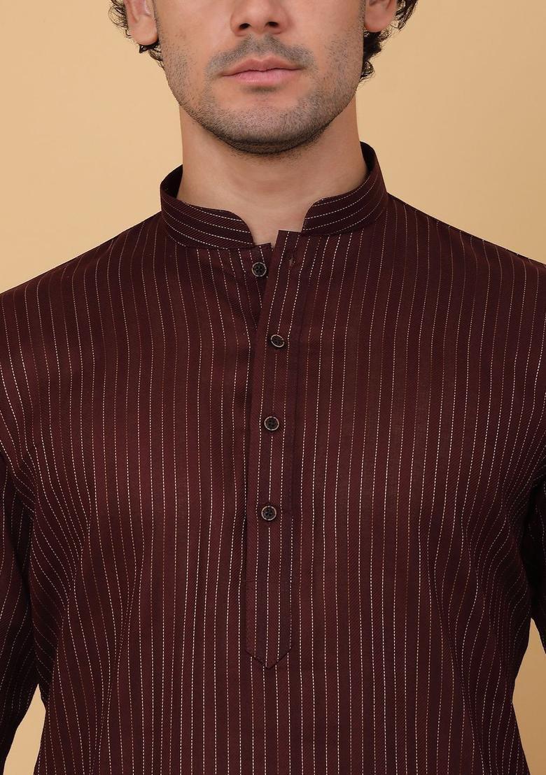 Maroon Striped Cotton Kurta Set For Men - Indya