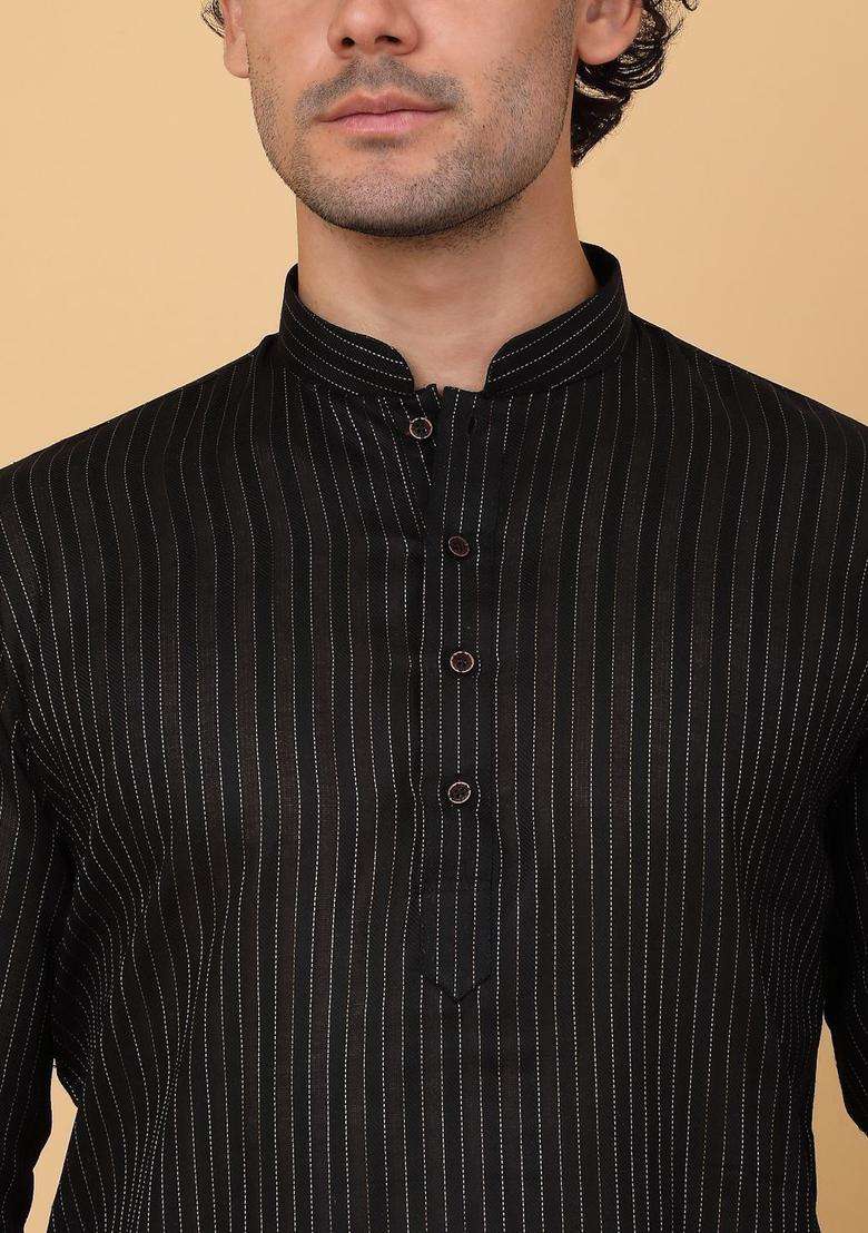 Black Striped Cotton Kurta Set For Men - Indya