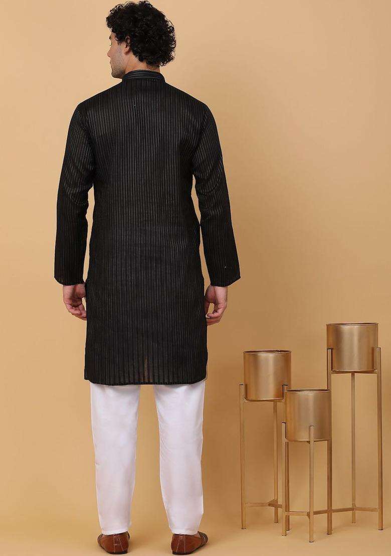 Black Striped Cotton Kurta Set For Men - Indya