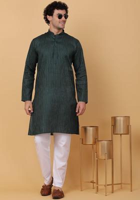 Green Striped Cotton Kurta Set For Men