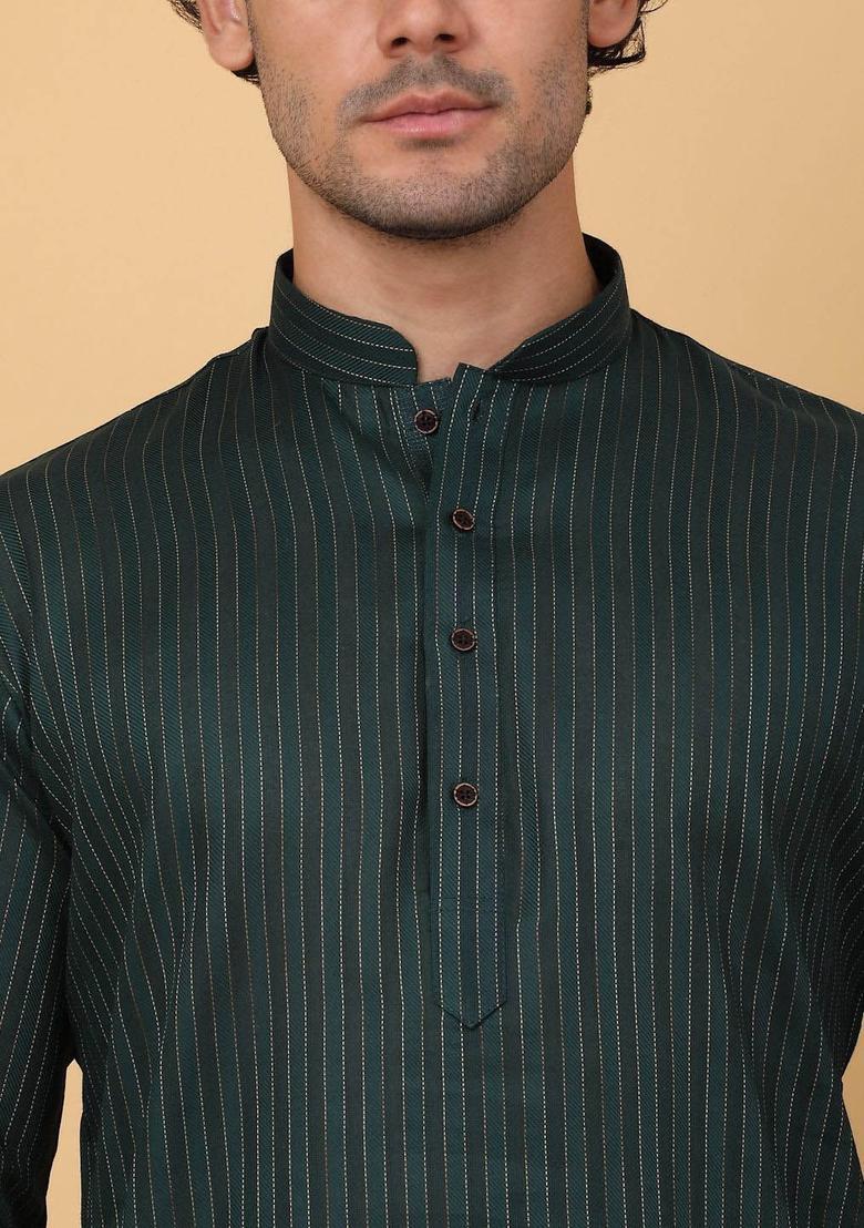 Green Striped Cotton Kurta Set For Men - Indya