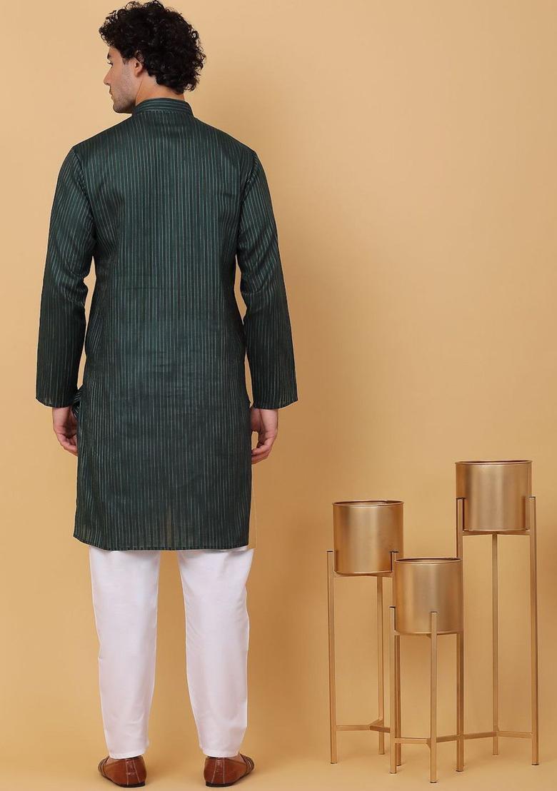 Green Striped Cotton Kurta Set For Men - Indya