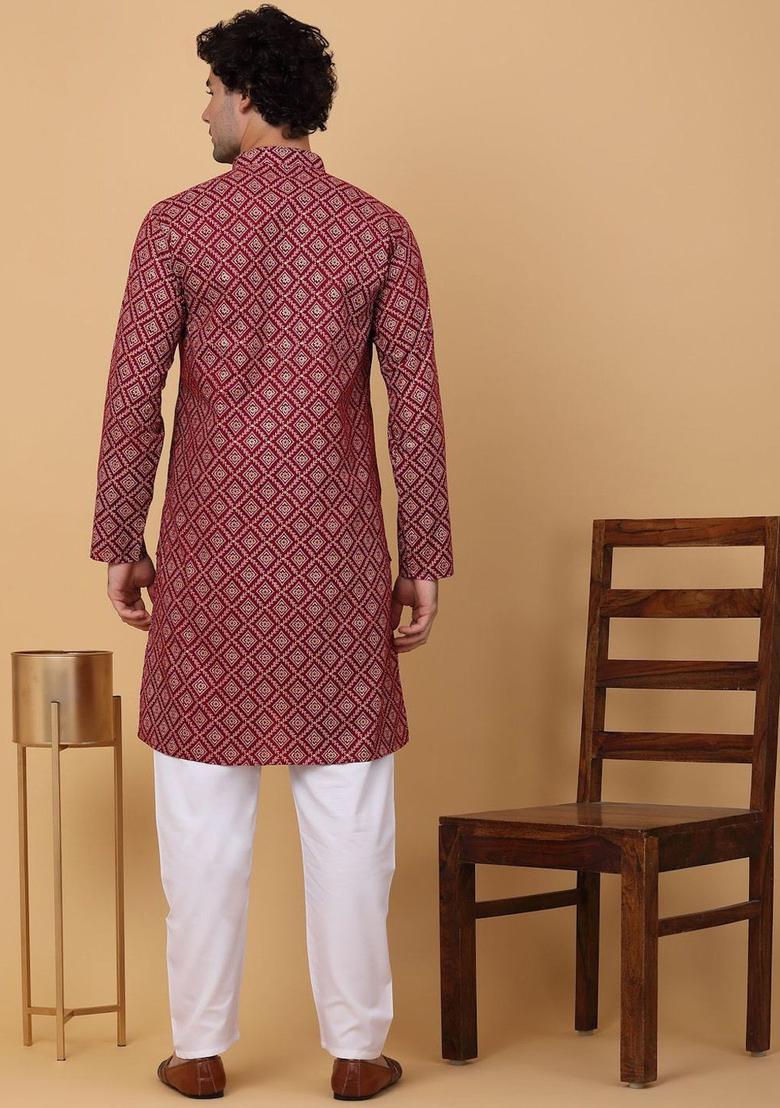 Maroon Printed Cotton Kurta Set For Men - Indya