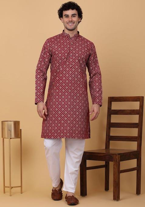 Maroon Printed Cotton Kurta Set For Men