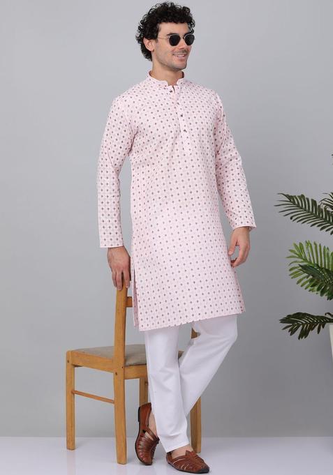 Pink Printed Cotton Kurta Set For Men