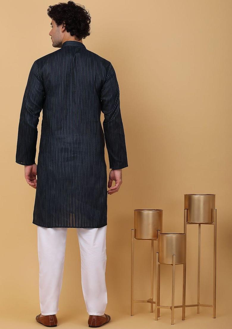 Blue Striped Cotton Kurta Set For Men - Indya