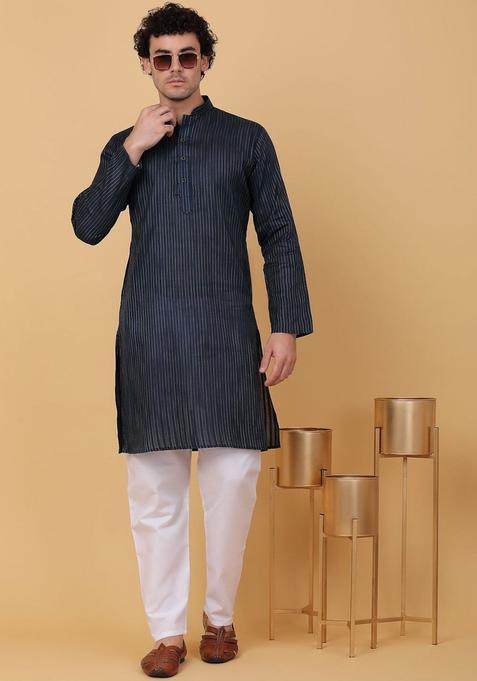 Blue Striped Cotton Kurta Set For Men