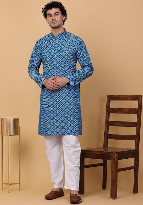 Blue Printed Cotton Kurta Set For Men