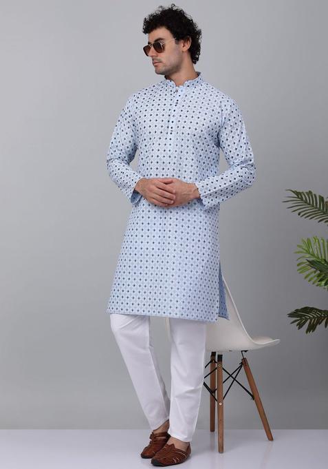 Blue Embroidered Cotton Kurta Set For Men