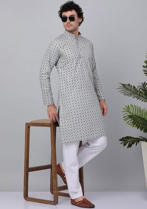 Grey Embroidered Cotton Kurta Set For Men