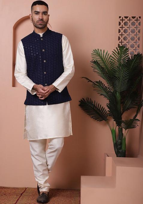 Blue Solid Viscose Kurta Set For Men
