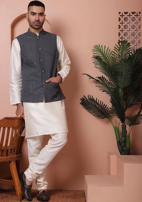 White Solid Viscose Kurta Set For Men