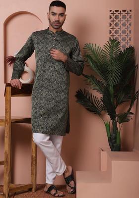 Black Woven Design Silk Kurta Set For Men