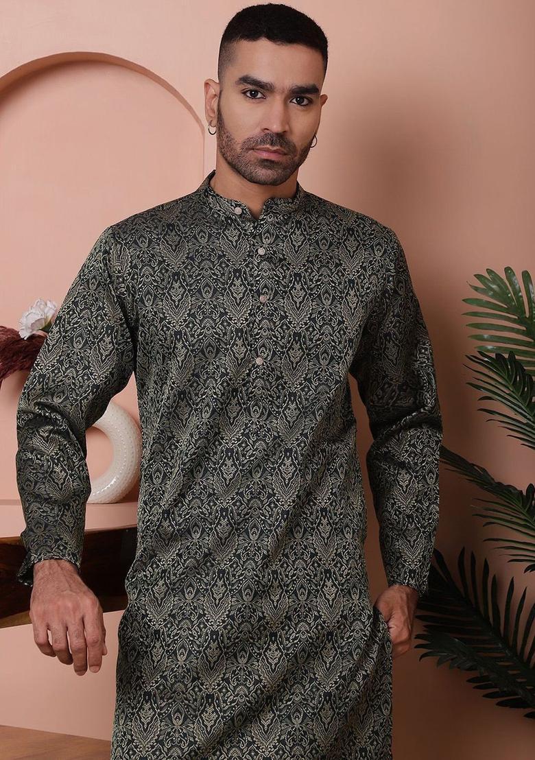 Black Woven Design Silk Kurta Set For Men - Indya