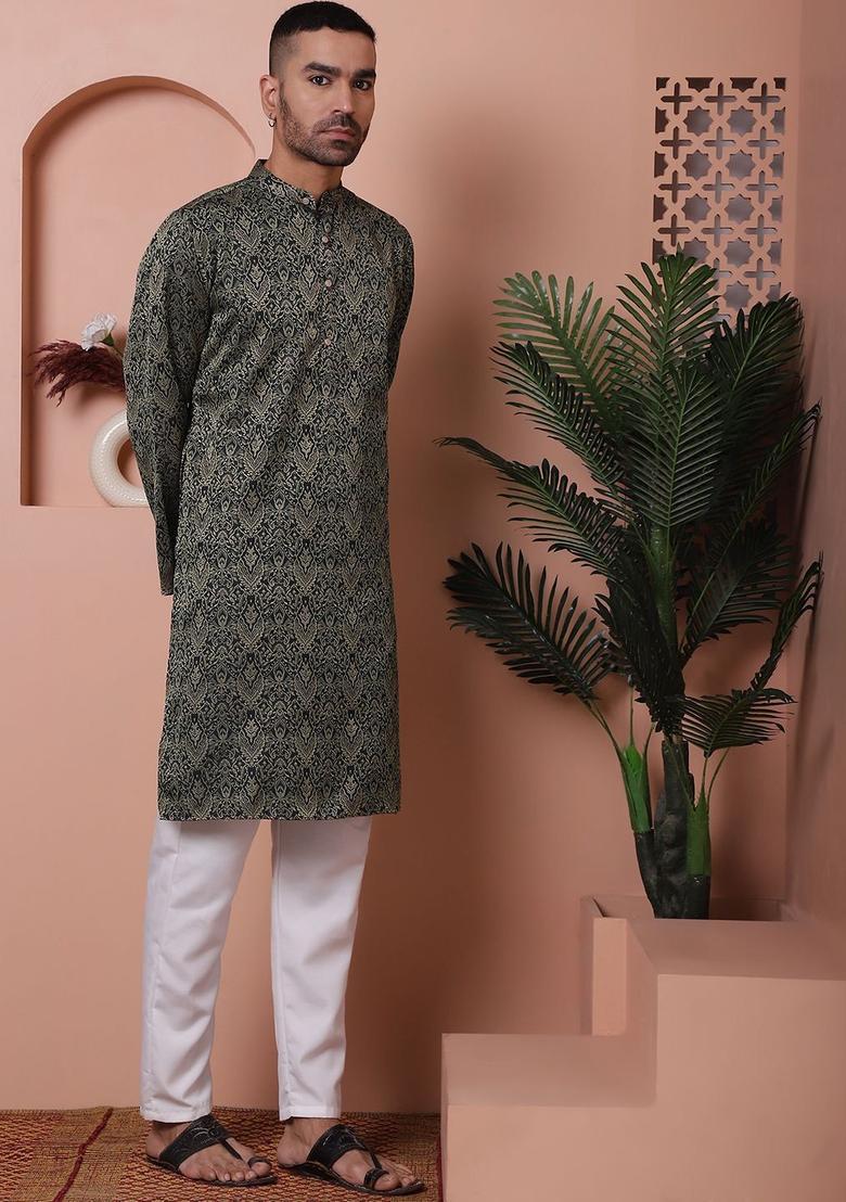 Black Woven Design Silk Kurta Set For Men - Indya