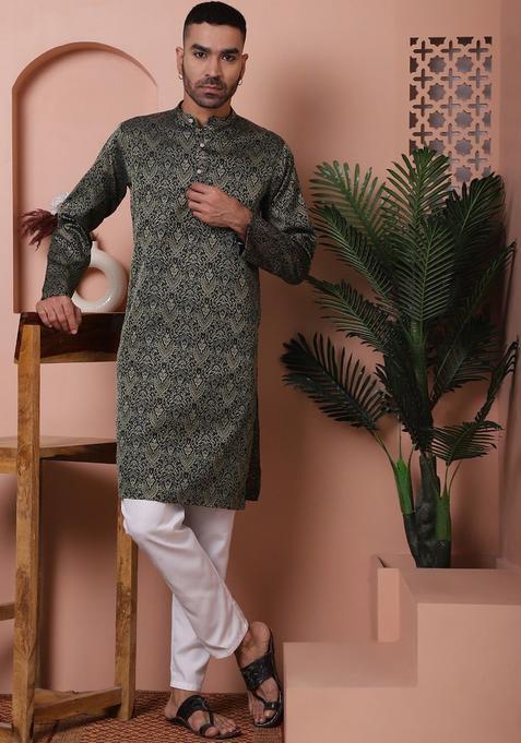 Black Woven Design Silk Kurta Set For Men