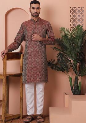 Maroon Woven Design Silk Kurta Set For Men