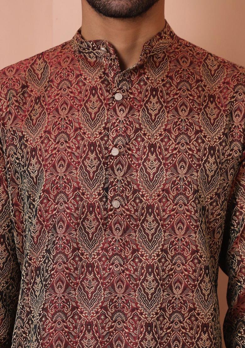 Maroon Woven Design Silk Kurta Set For Men - Indya