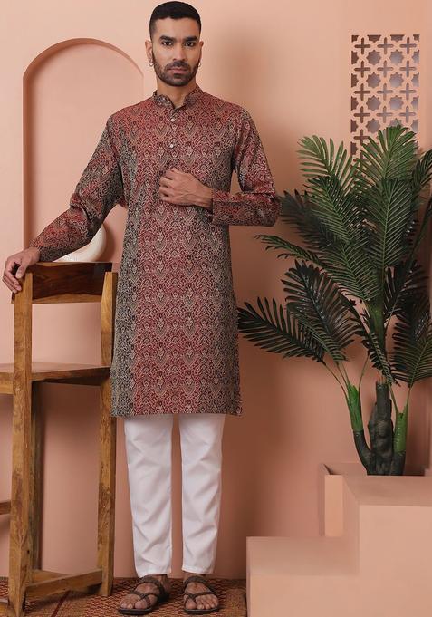 Maroon Woven Design Silk Kurta Set For Men